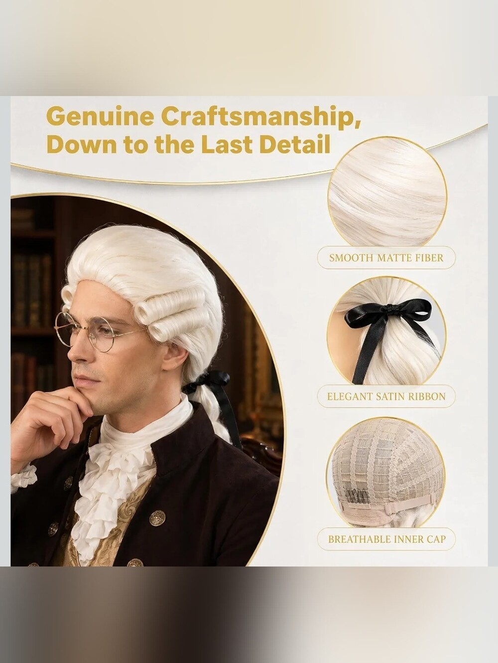 Mens Judge Colonial Wig with Glasses Long Blonde Powdered Wavy Wig Costume - Picture 6 of 13